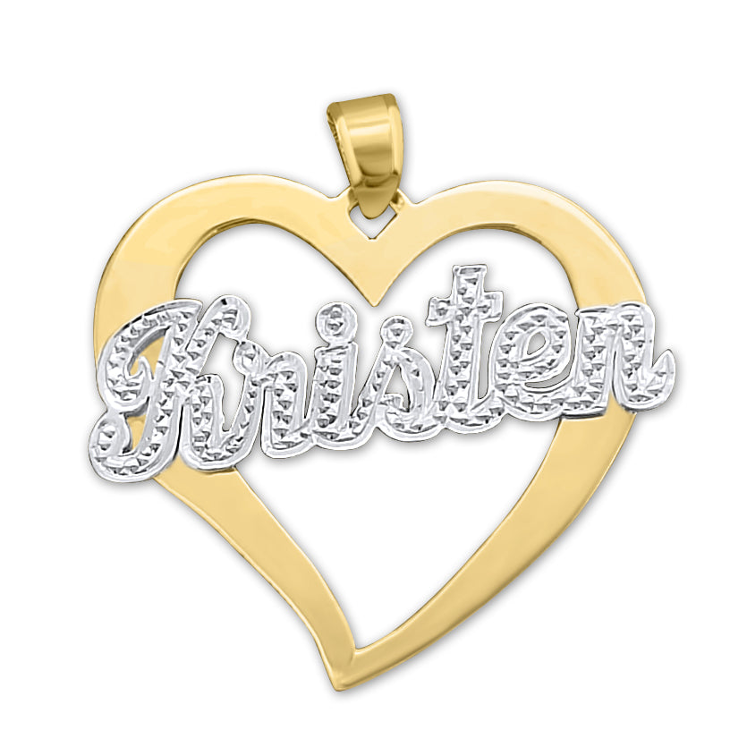 Custom 10k two-tone gold personalized name heart pendant with diamond accent detailing