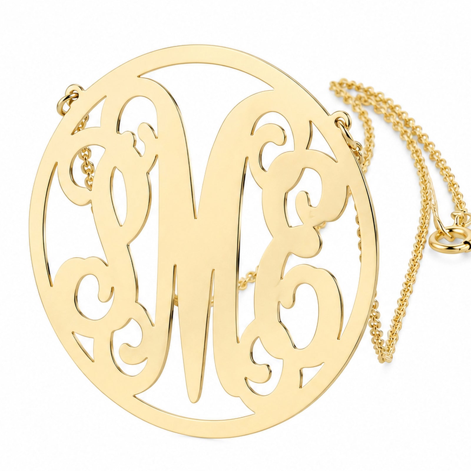 Large 1.5-inch custom 14k or 10k gold circle monogram necklace with three initials