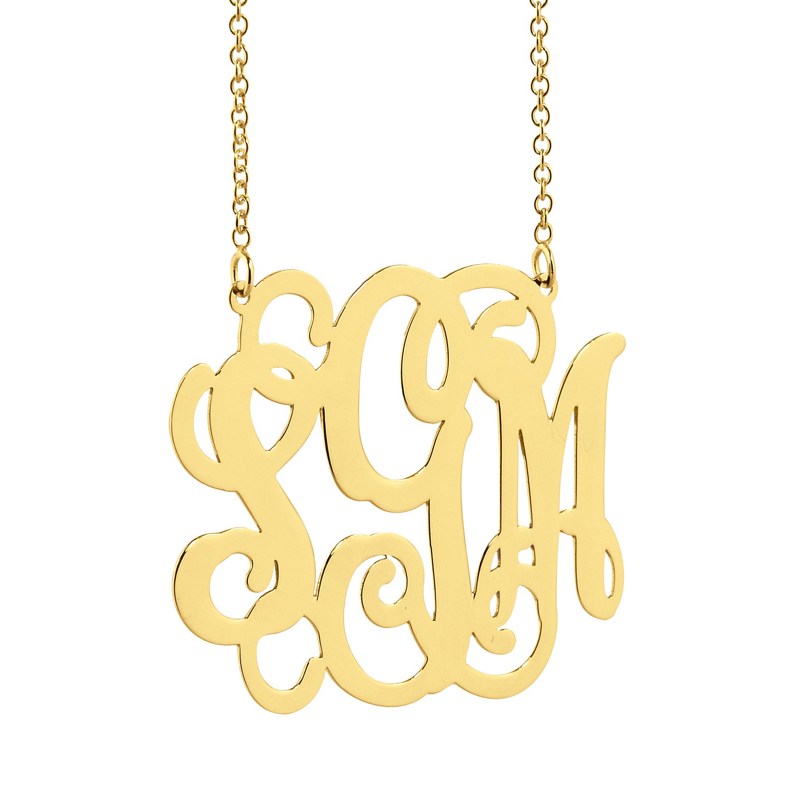 Solid gold chain styles for a custom three-initial monogram pendant necklace