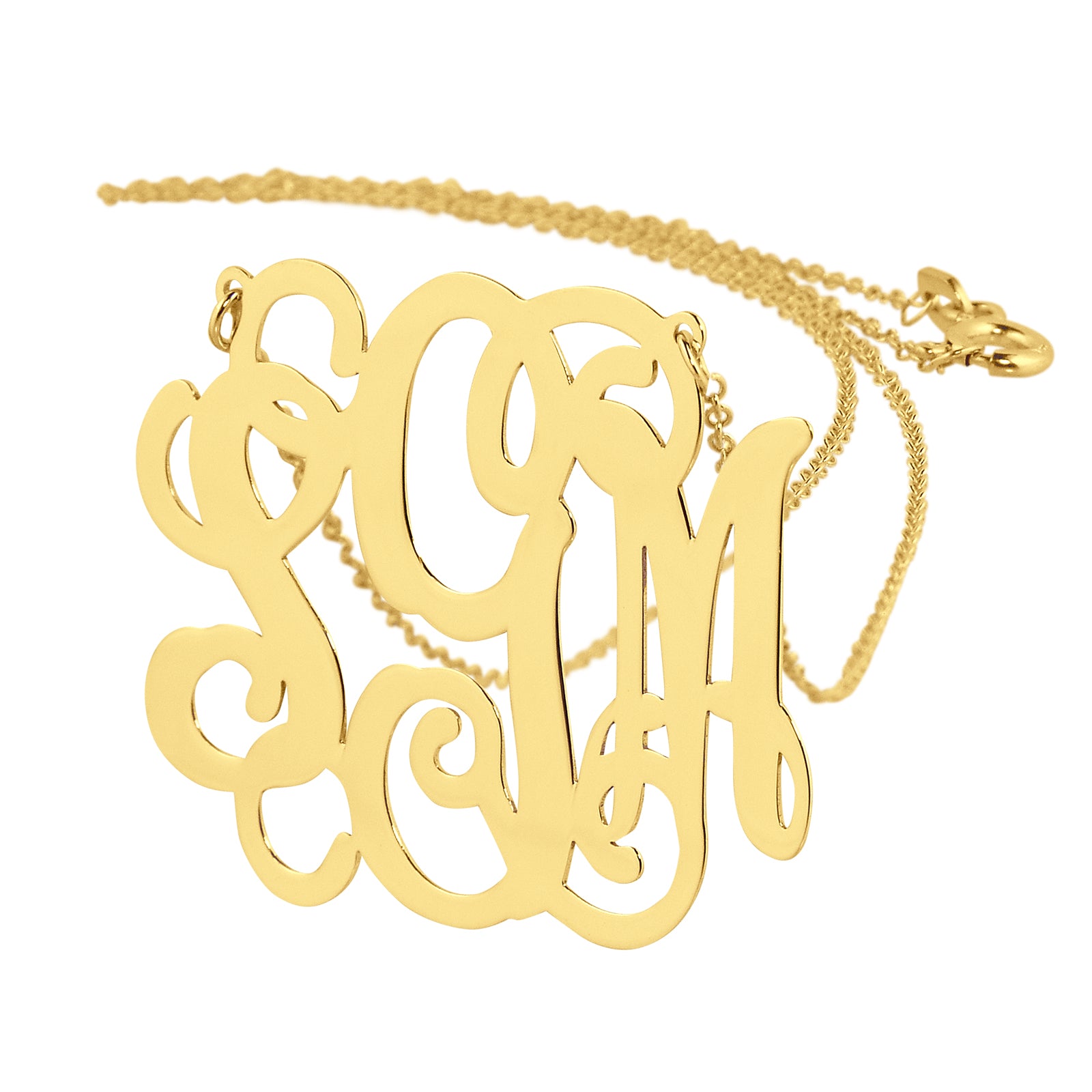 14k yellow gold three-initial personalized monogram necklace pendant, 1.25 inch