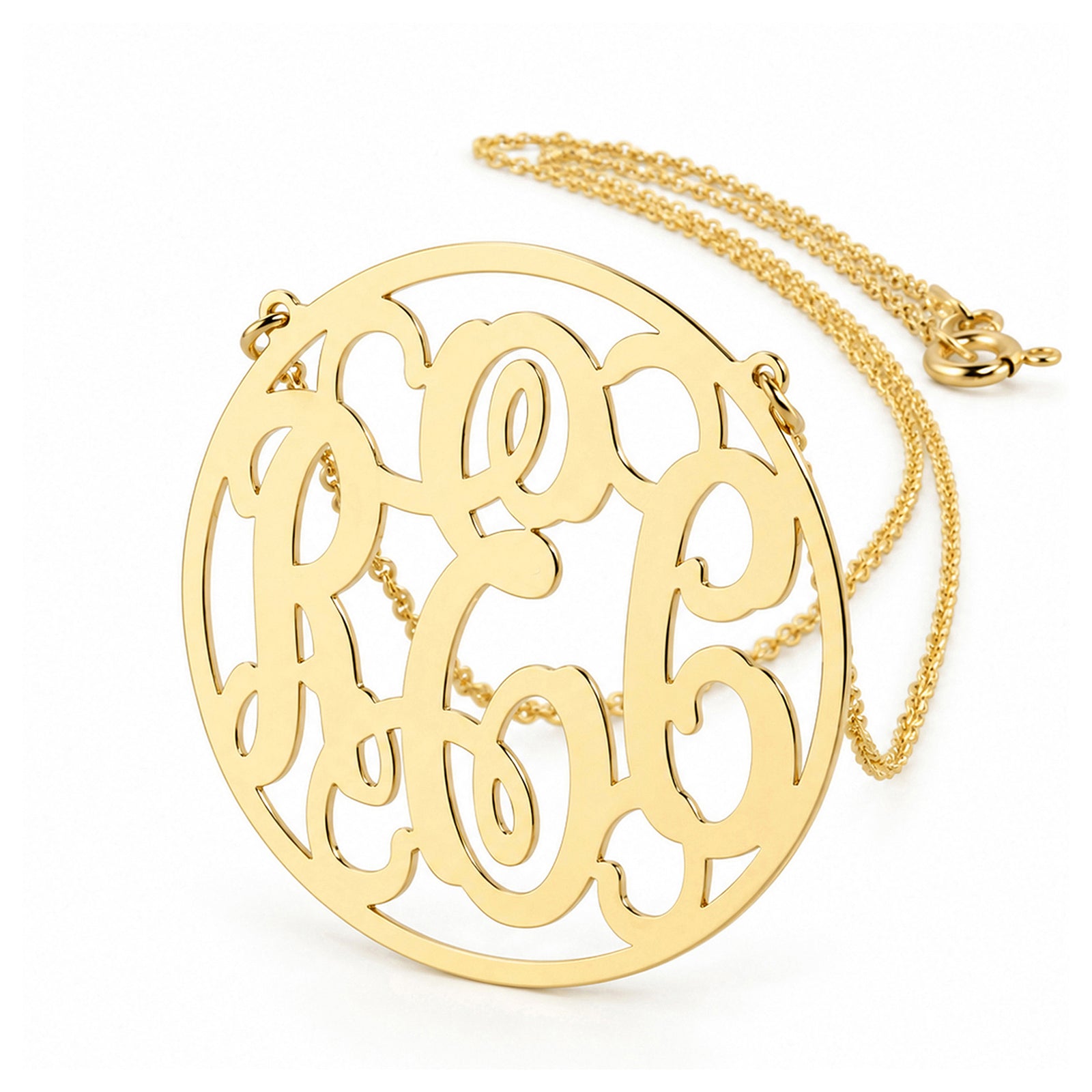 Custom 3-initial gold circle monogram pendant necklace with matching gold chain.