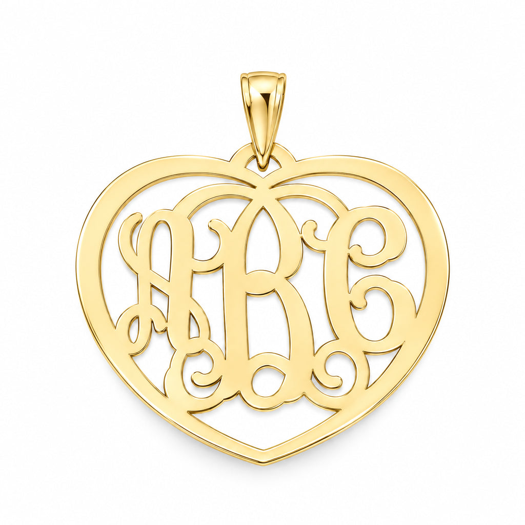 Custom 3-initial heart monogram pendant in 10K or 14K yellow gold on white background