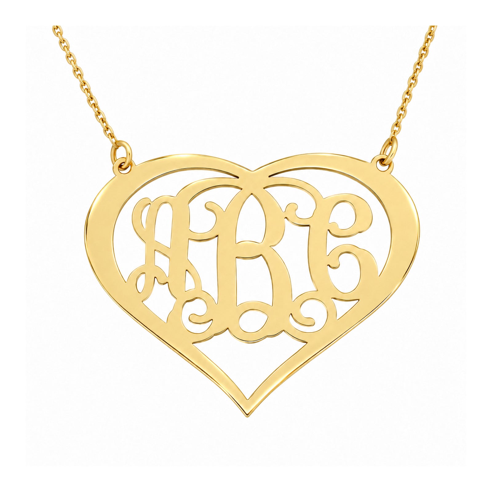 Custom 3-initial solid gold heart monogram necklace with a gold chain on white background.