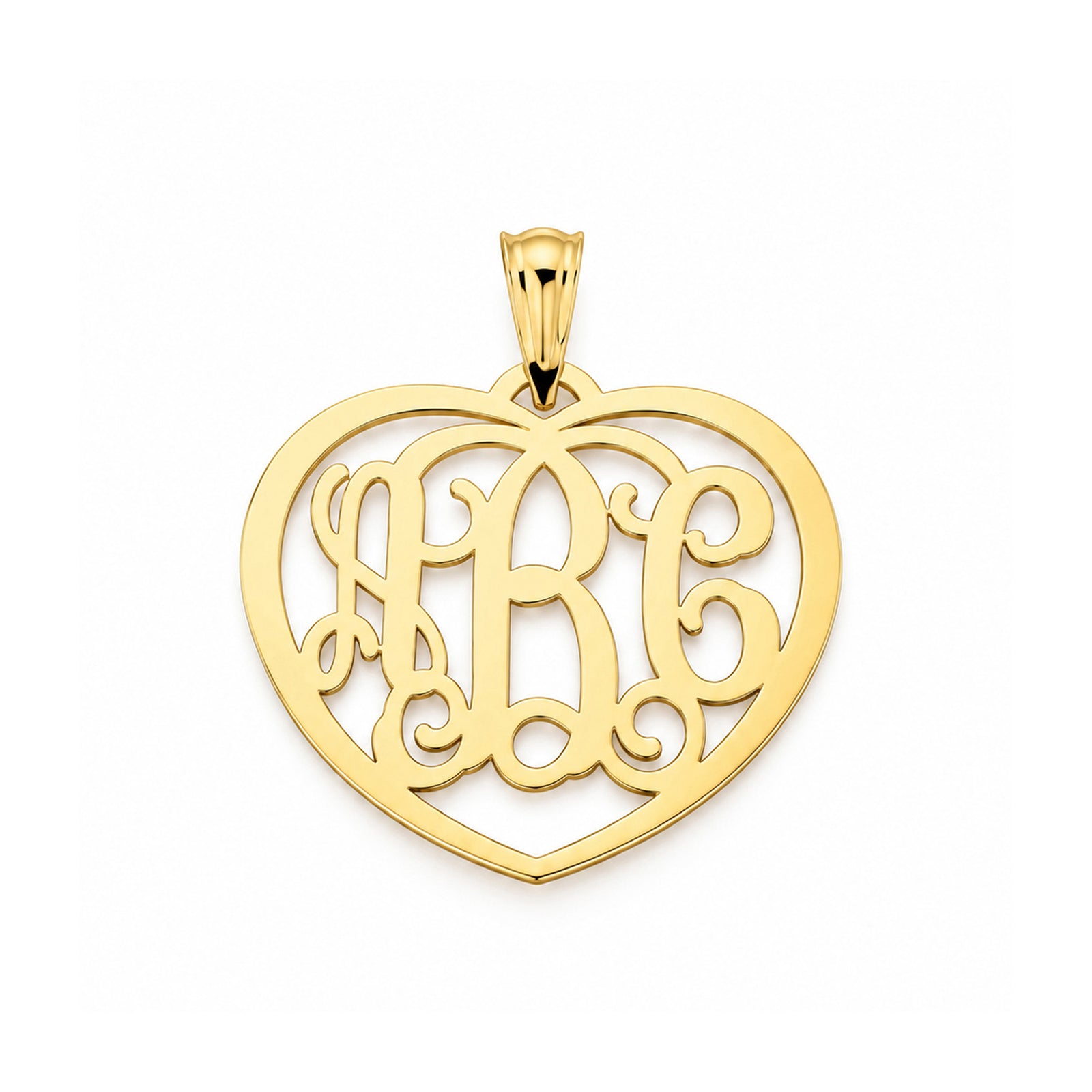 Custom 3-initial solid gold heart monogram pendant, 1 inch