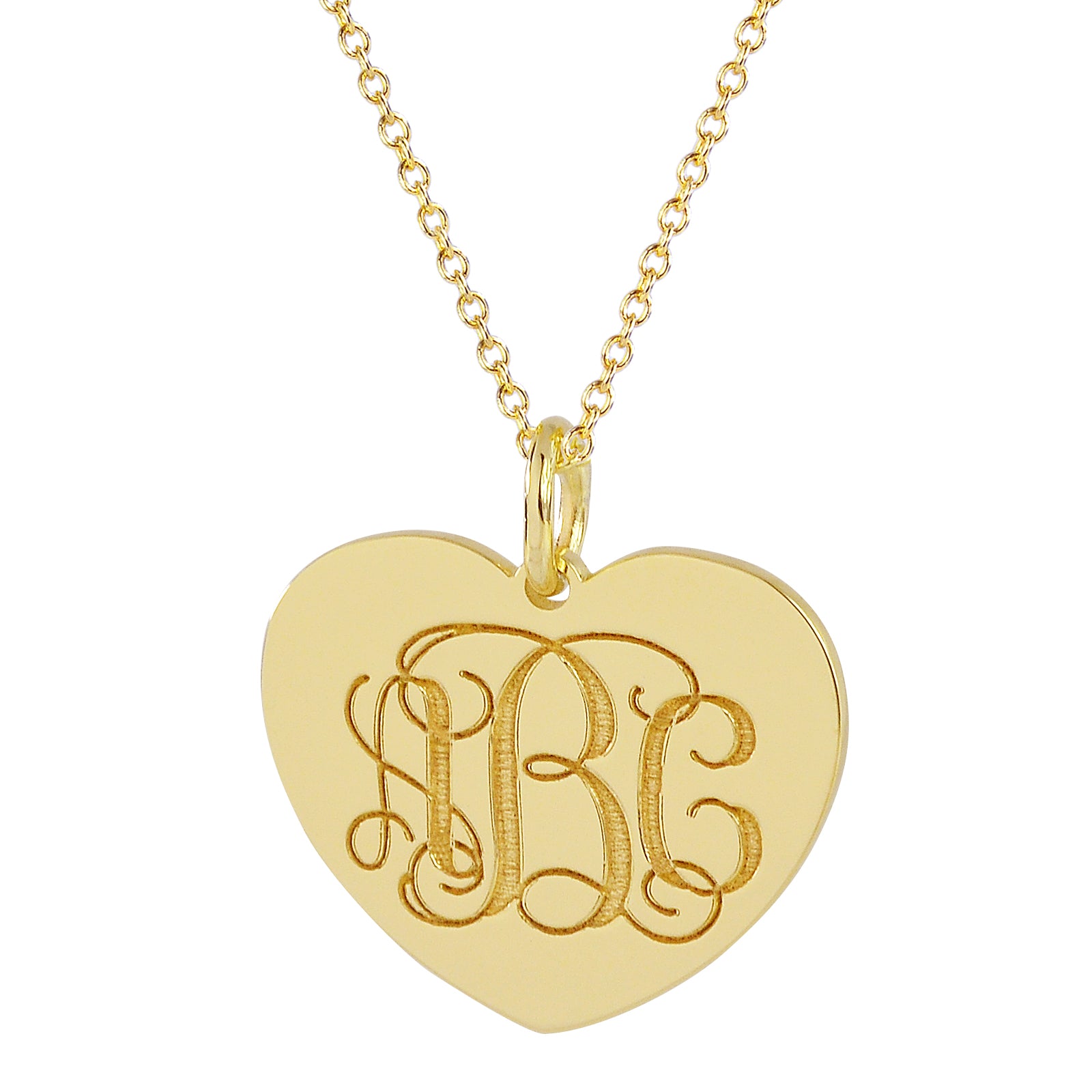 Custom engraved 3 initial heart monogram gold charm pendant attached to a matching gold chain.
