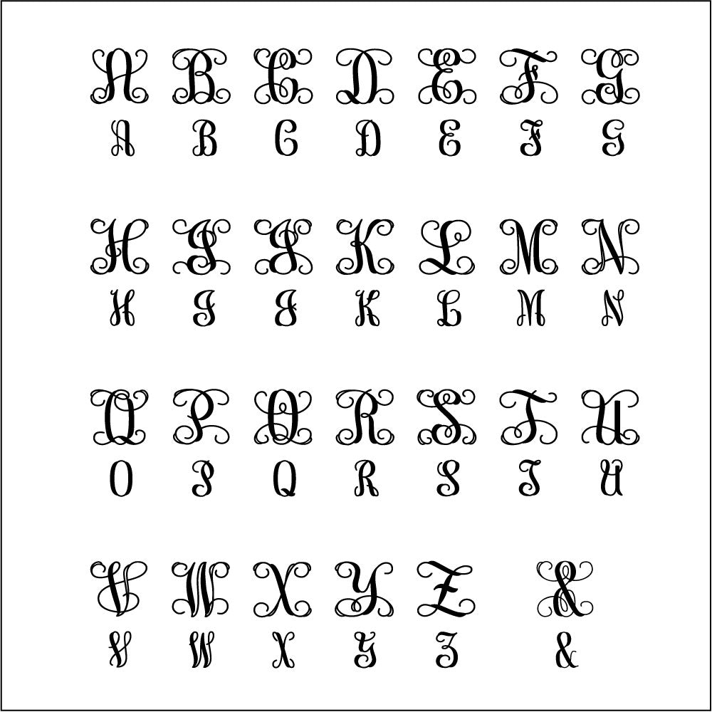 Chart displaying A to Z monogram and initial font styles available for custom laser engraving on solid gold pendants.