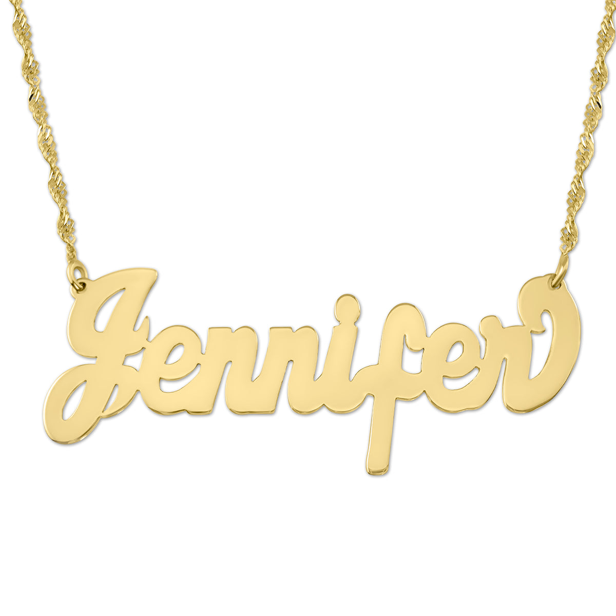 Personalized small solid gold Carrie cursive nameplate necklace on a fine Singapore chain.