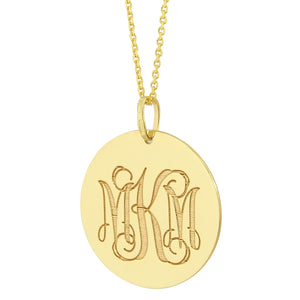 Solid gold 3-initial laser engraved disc pendant displayed with diamond-cut cable chain