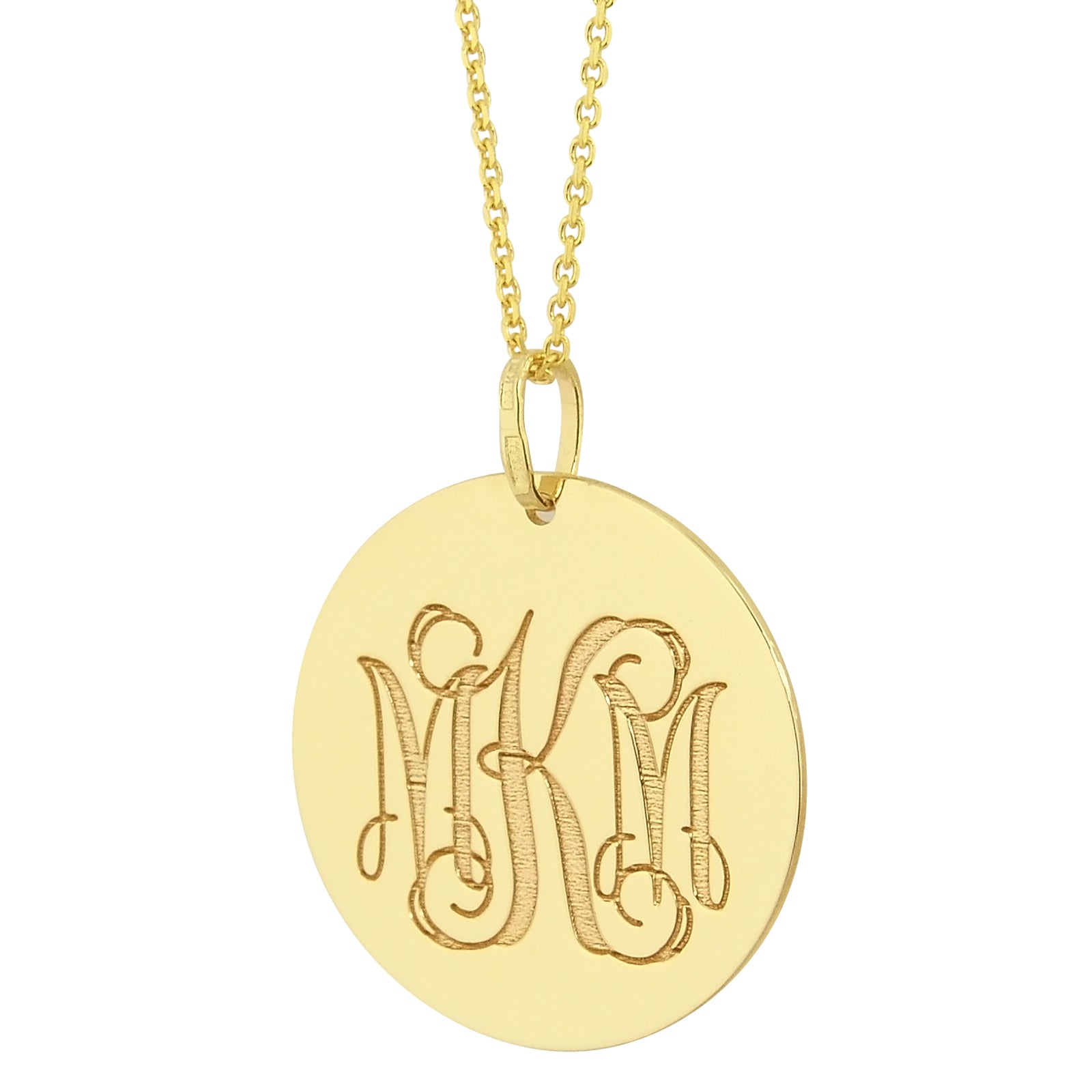 Solid gold 3-initial laser engraved disc pendant displayed with diamond-cut cable chain