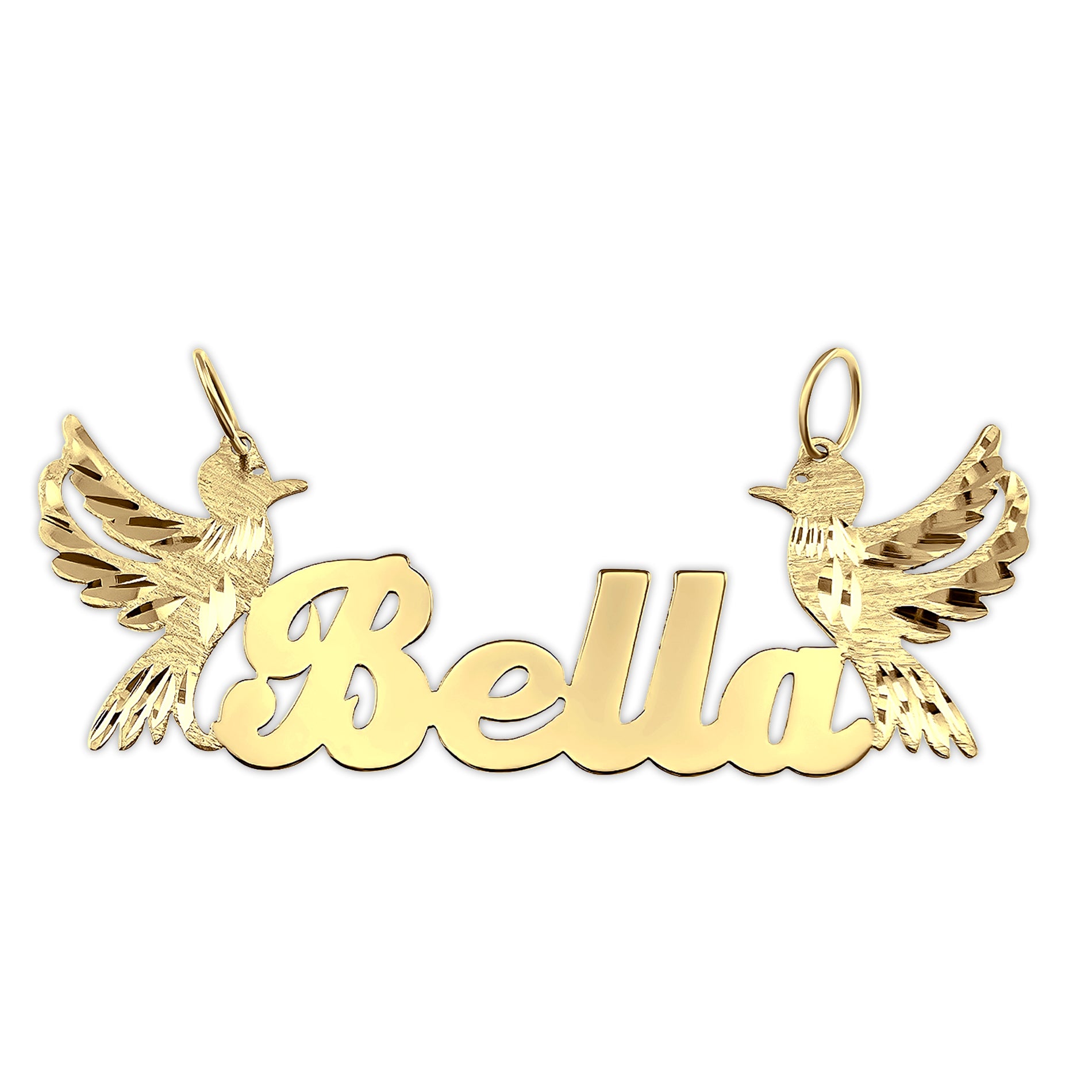 Custom solid gold nameplate pendant with two diamond-cut birds spelling Bella.