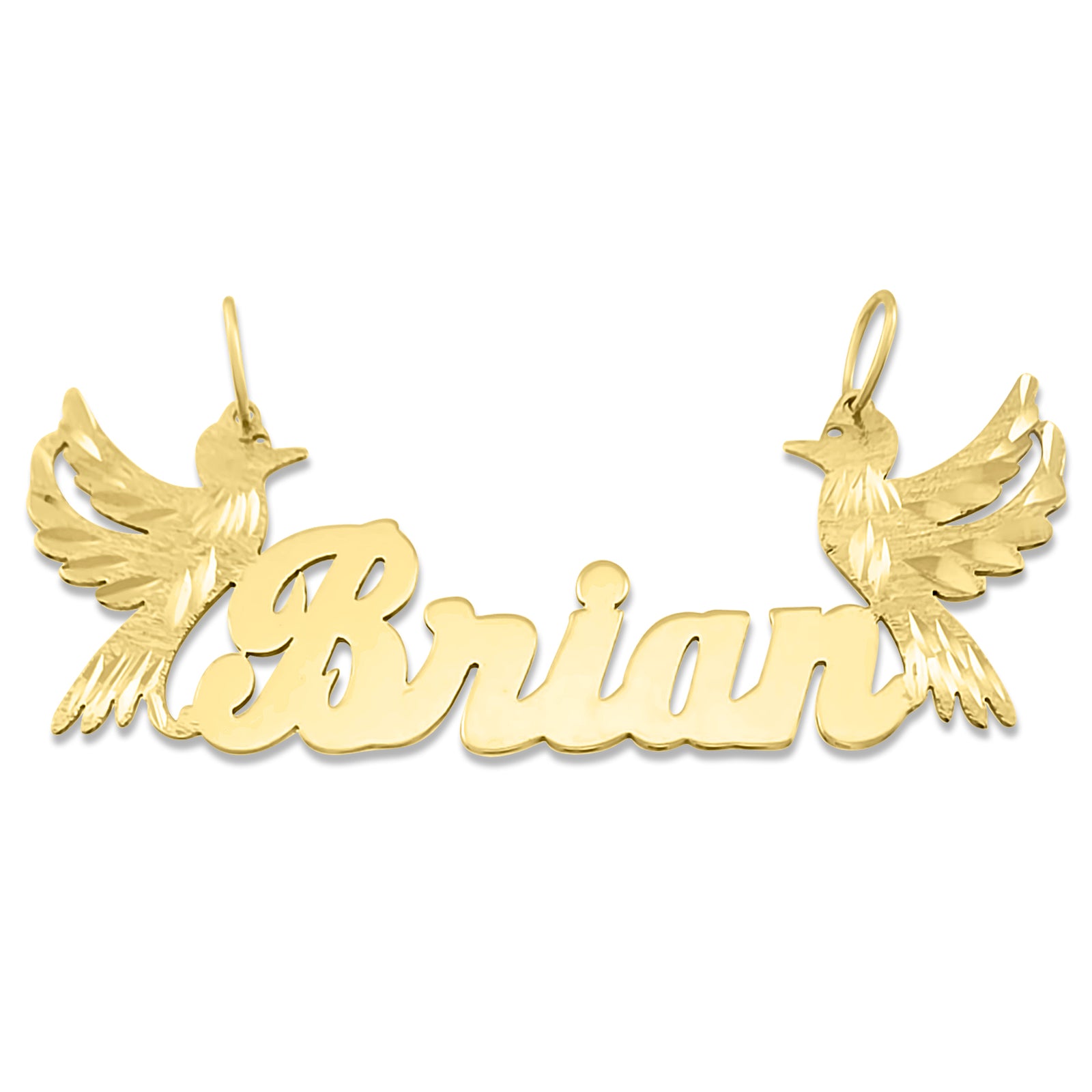 Custom 10k solid gold personalized name necklace with two diamond-cut birds spelling Brian.