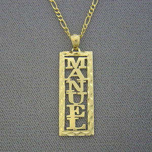 Personalized solid gold vertical rectangular nameplate pendant with diamond-cut border displayed on a gold chain.