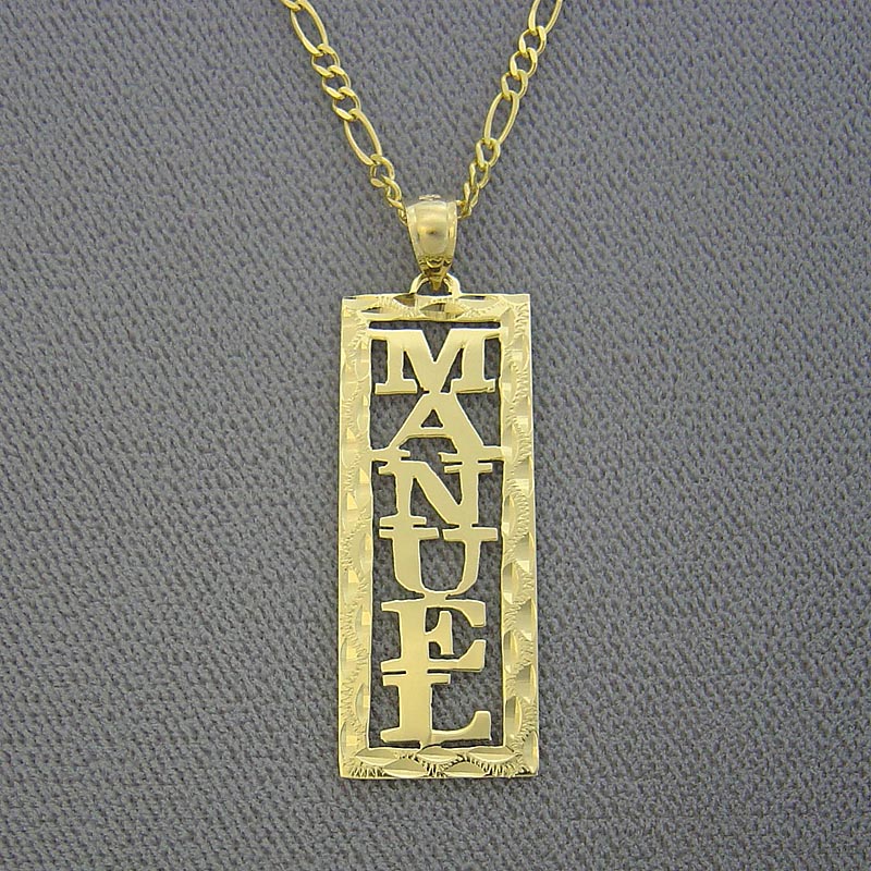 Personalized solid gold vertical rectangular nameplate pendant with diamond-cut border displayed on a gold chain.