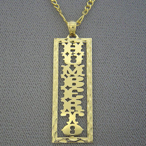 Detailed view of custom solid yellow gold rectangular vertical nameplate pendant with diamond cut edges displayed on a gold chain.