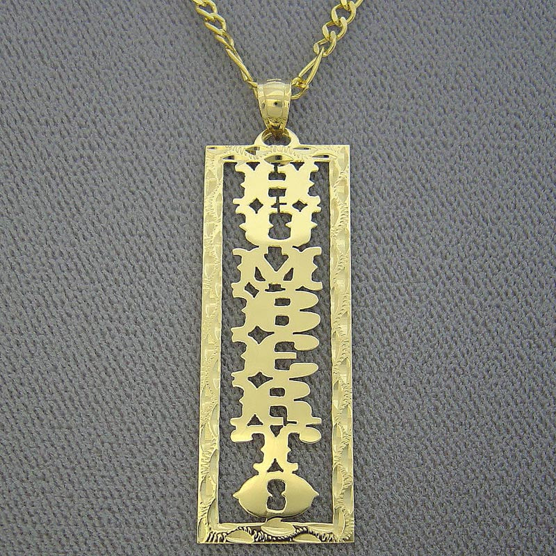 Detailed view of custom solid yellow gold rectangular vertical nameplate pendant with diamond cut edges displayed on a gold chain.