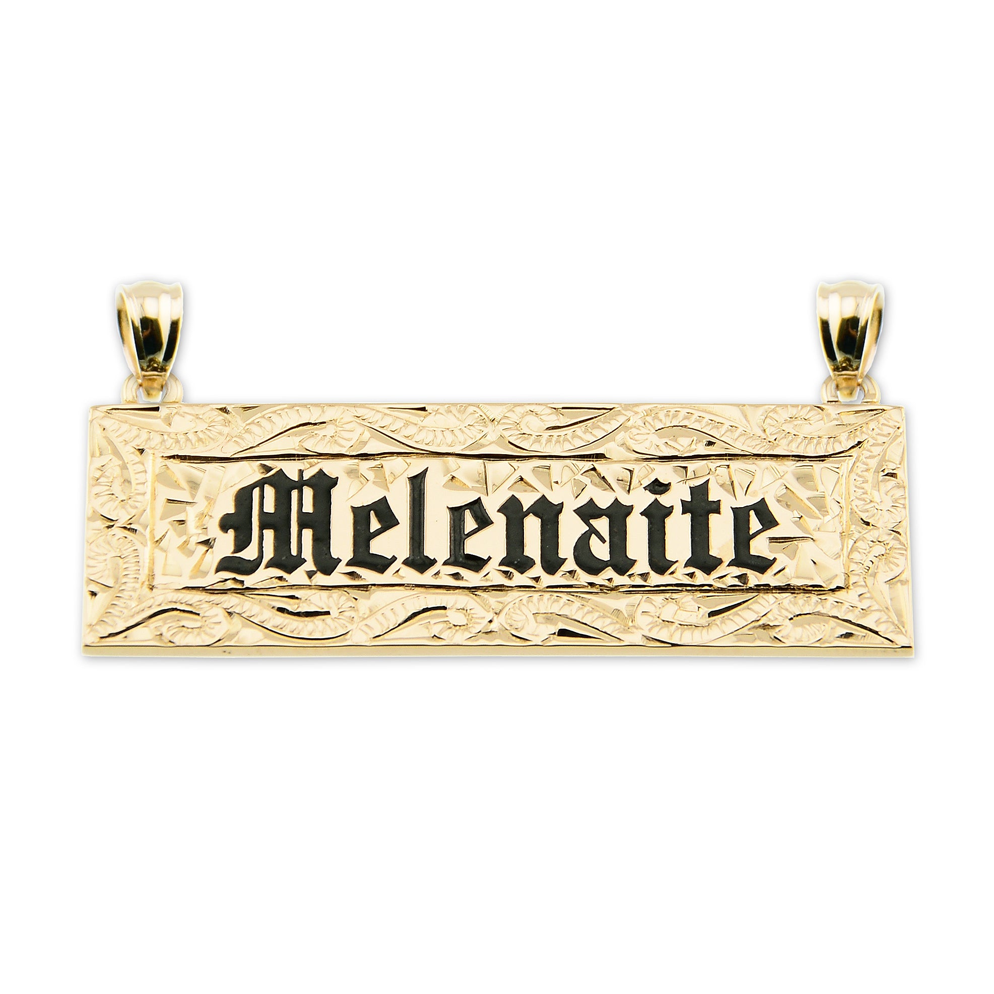 Rectangular solid 14k yellow gold Hawaiian name pendant with 'Melenaitie' hand-engraved in Old English font with black enamel fill.