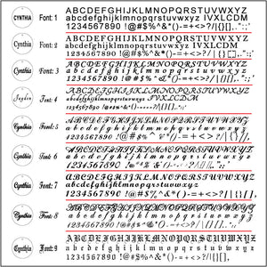 Chart displaying nine available custom font styles for laser engraving on solid gold disc pendants.