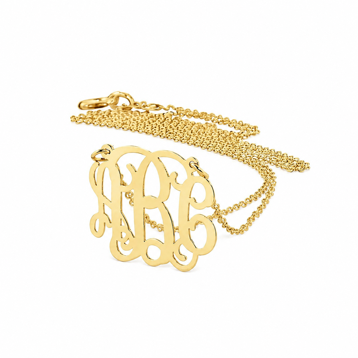 Custom mini 3-initial monogram necklace in 10k yellow gold on a rolo chain
