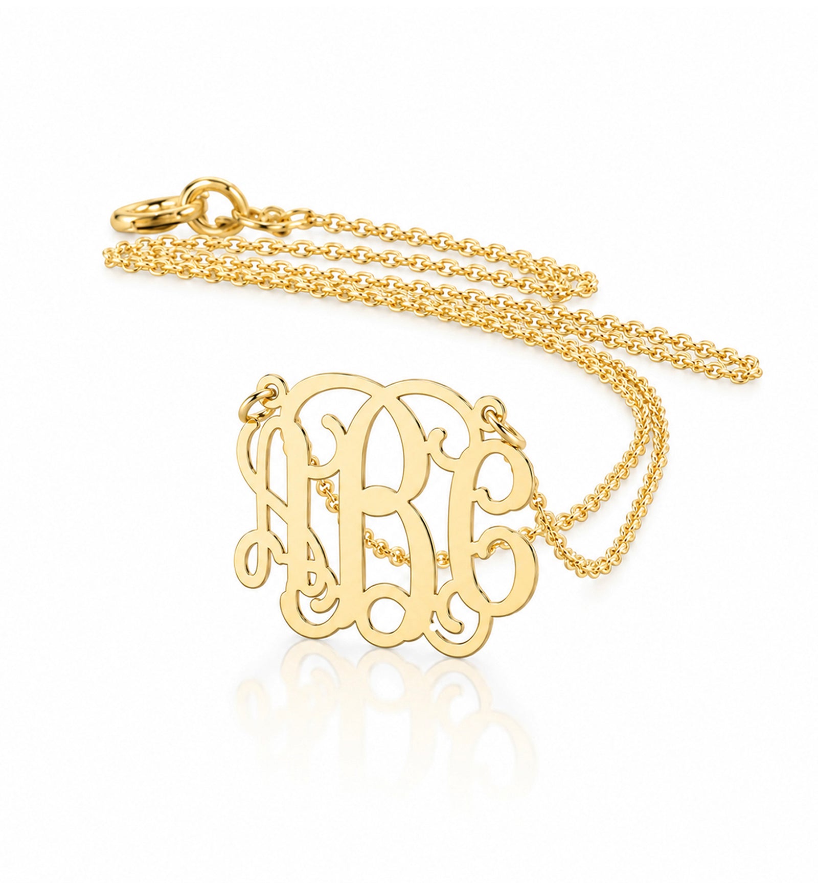 Custom mini 3-initial monogram necklace in solid gold with matching chain