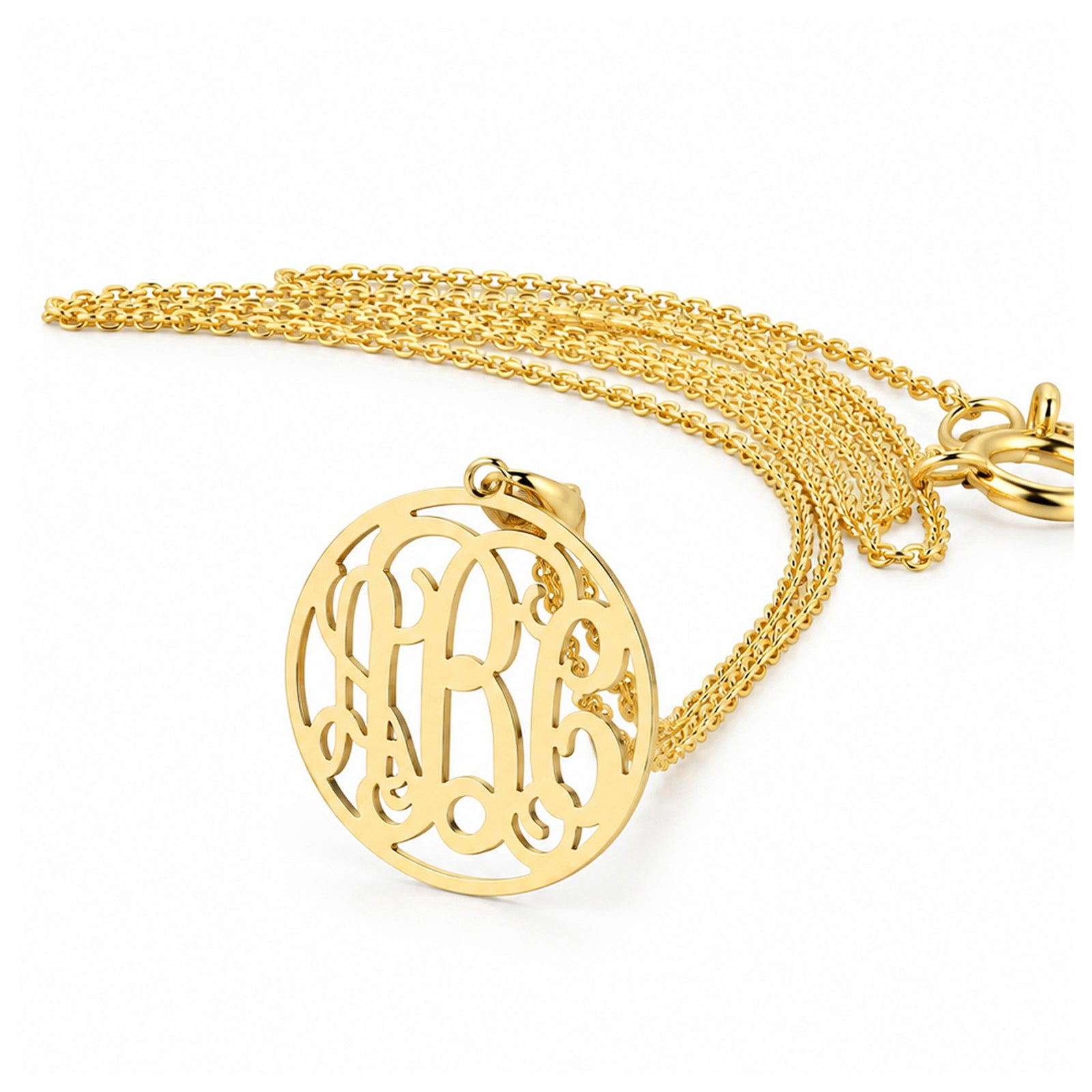 Custom 1/2-inch solid gold 3-initial circle monogram pendant necklace