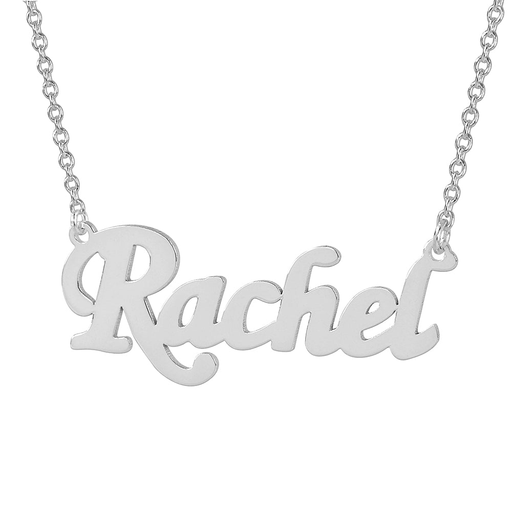 Custom sterling silver script nameplate necklace with "Rachel" design on a delicate chain.