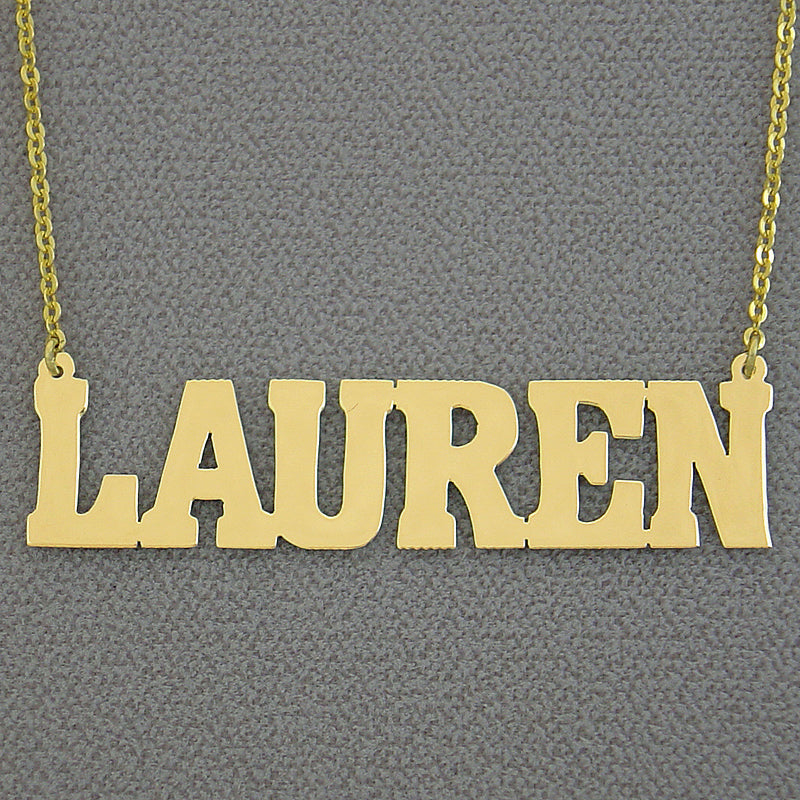 Customized 2-inch solid gold block letter name necklace featuring the name Lauren.