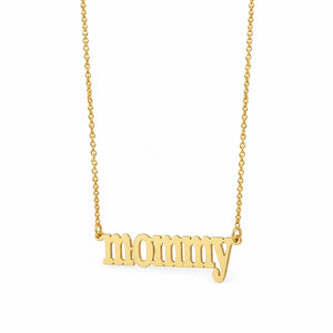 Solid yellow gold mommy nameplate necklace with lowercase lettering and a fine chain on a white background.