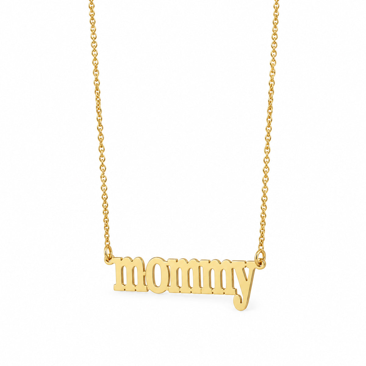 Solid yellow gold mommy nameplate necklace with lowercase lettering and a fine chain on a white background.
