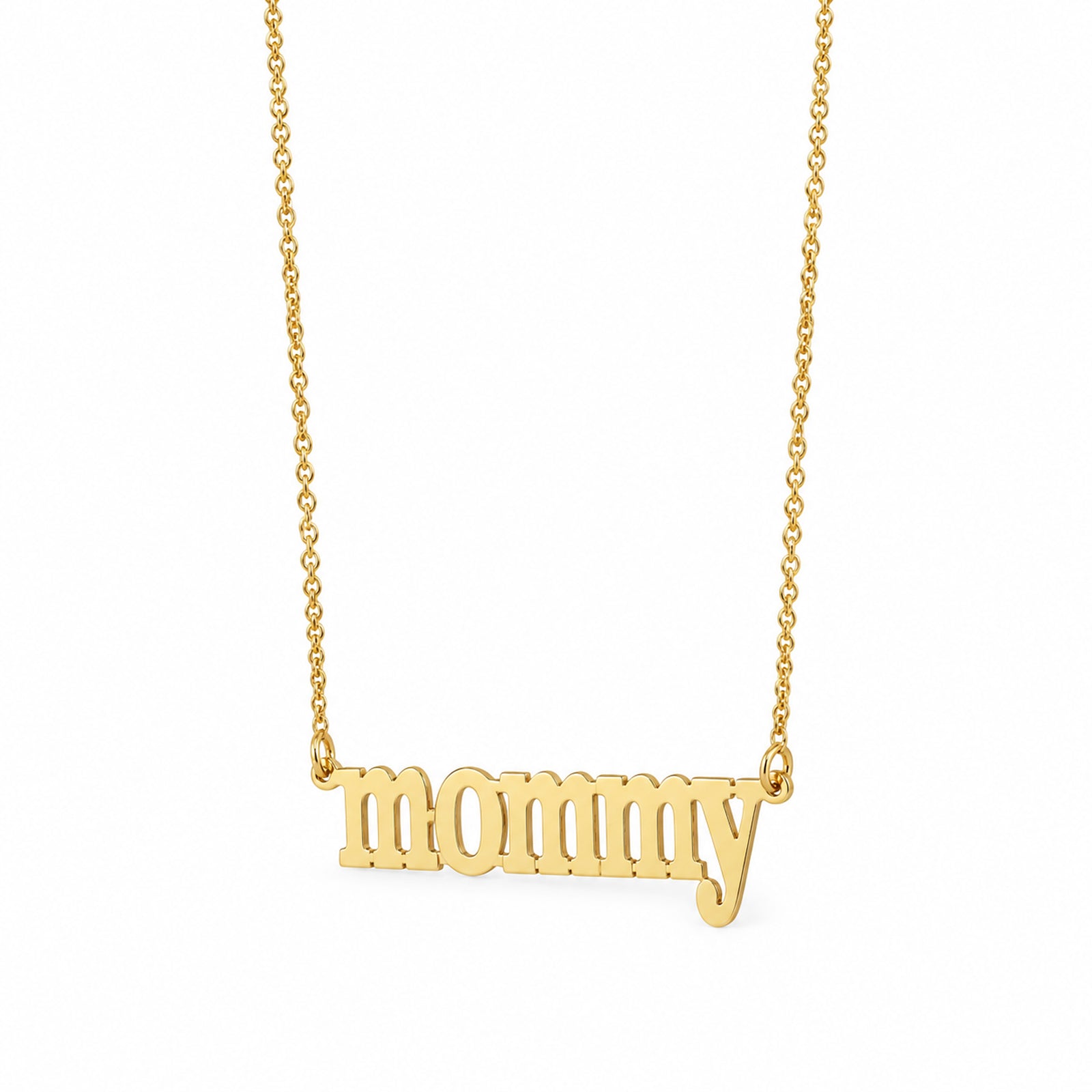 Solid yellow gold mommy nameplate necklace with lowercase lettering and a fine chain on a white background.