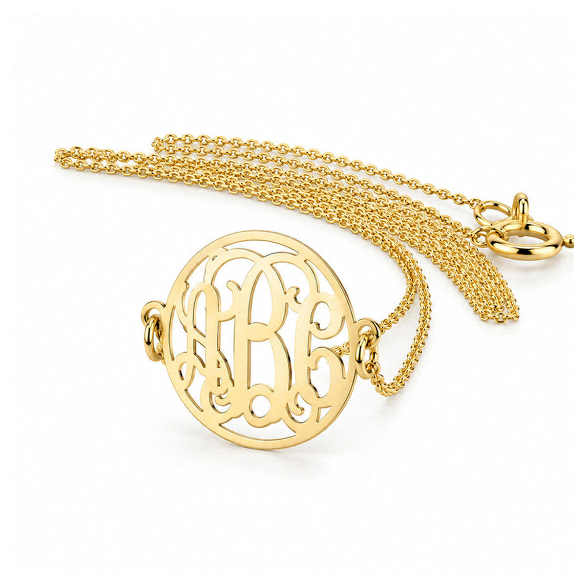 Extra small solid gold 3-initial circle monogram necklace with chain on white background