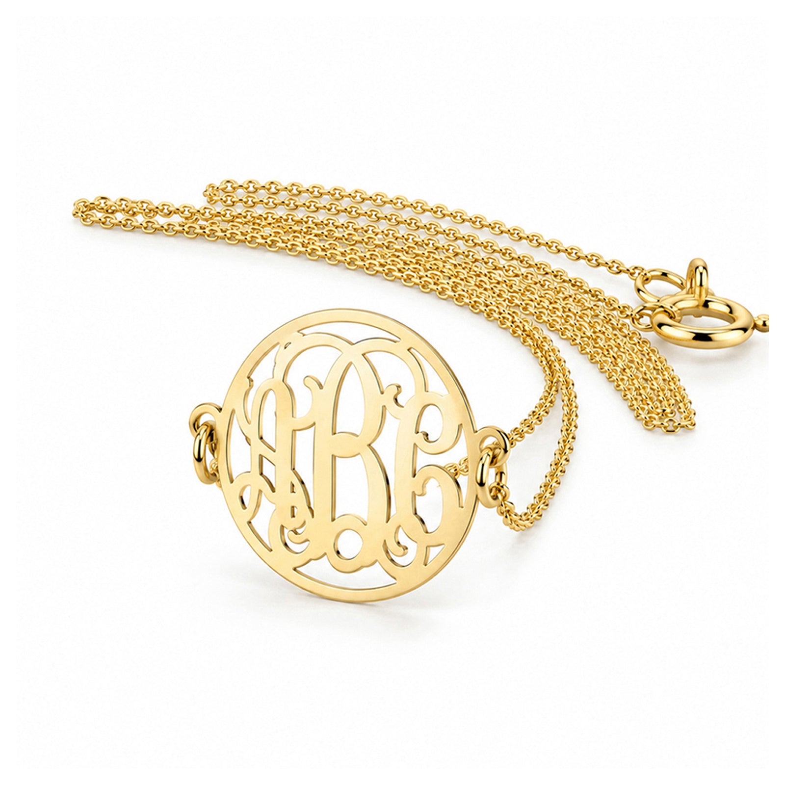 Extra small solid gold 3-initial circle monogram necklace with chain on white background