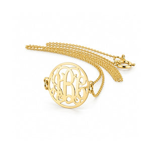 Extra small solid gold three-initial circle monogram necklace with a delicate gold chain