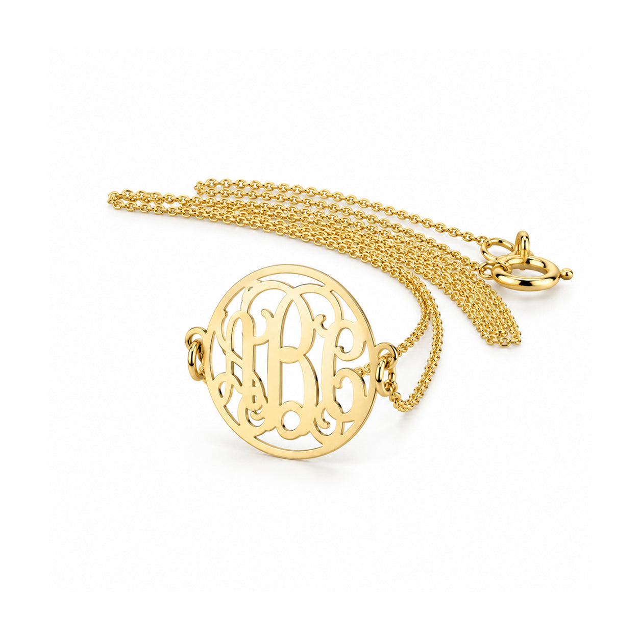 Extra small solid gold three-initial circle monogram necklace with a delicate gold chain