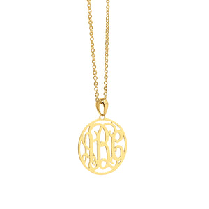 Extra-small solid gold 3-initial circle monogram pendant necklace on a white background.
