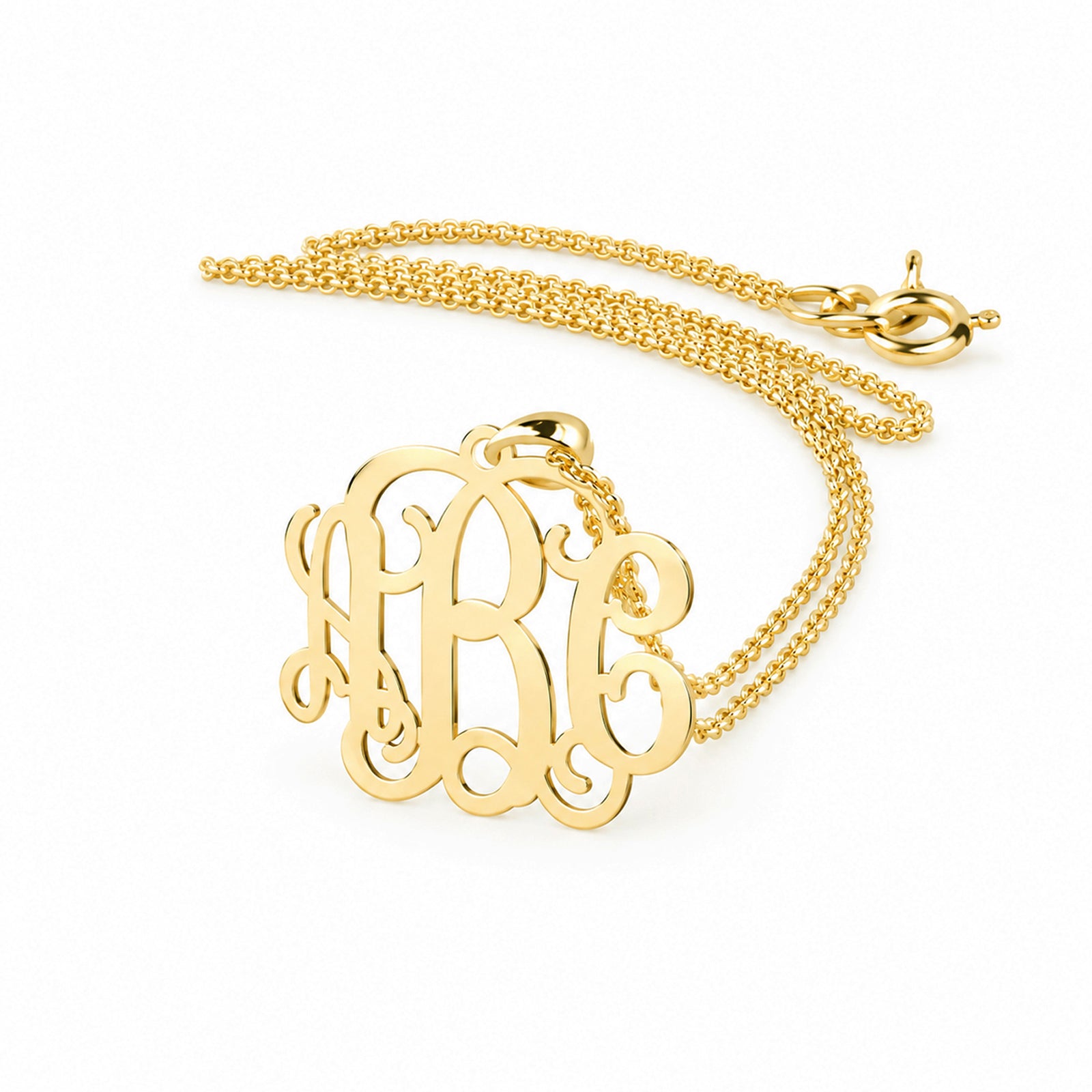 Extra small 14k solid yellow gold mini 3-initial monogram pendant with matching gold chain.