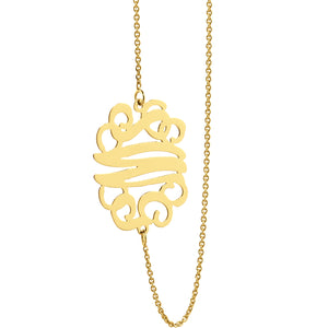 Front view of a custom 14K solid gold three-initial monogram pendant necklace.