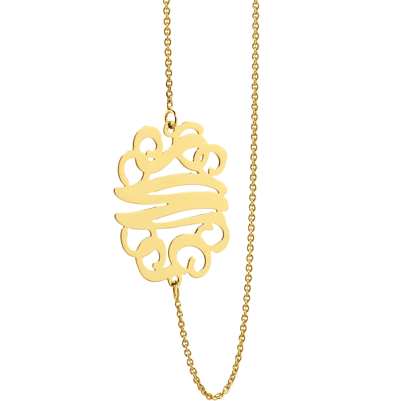 Front view of a custom 14K solid gold three-initial monogram pendant necklace.