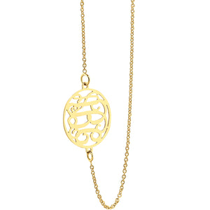 Full-length solid gold three-initial circle monogram pendant necklace on a white background