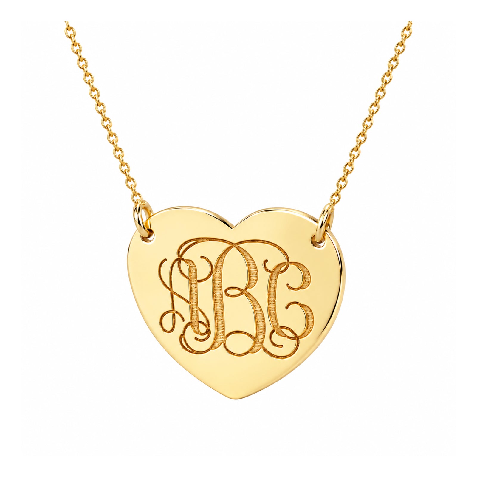 Yellow gold heart necklace with an engraved three-initial script monogram and chain attached at both sides
