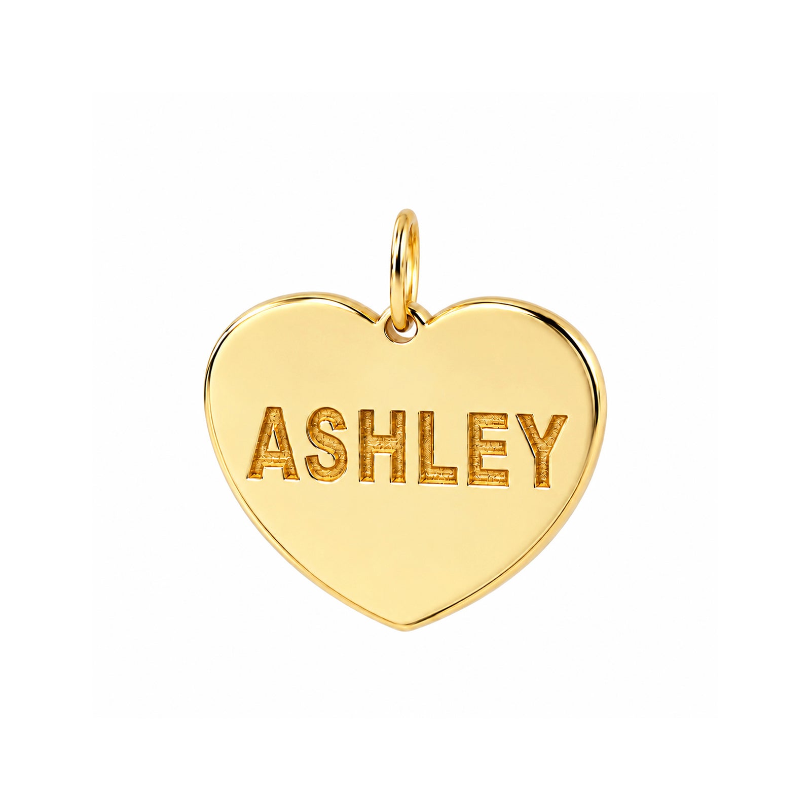 Polished yellow gold heart disc pendant engraved ASHLEY, shown without a chain.