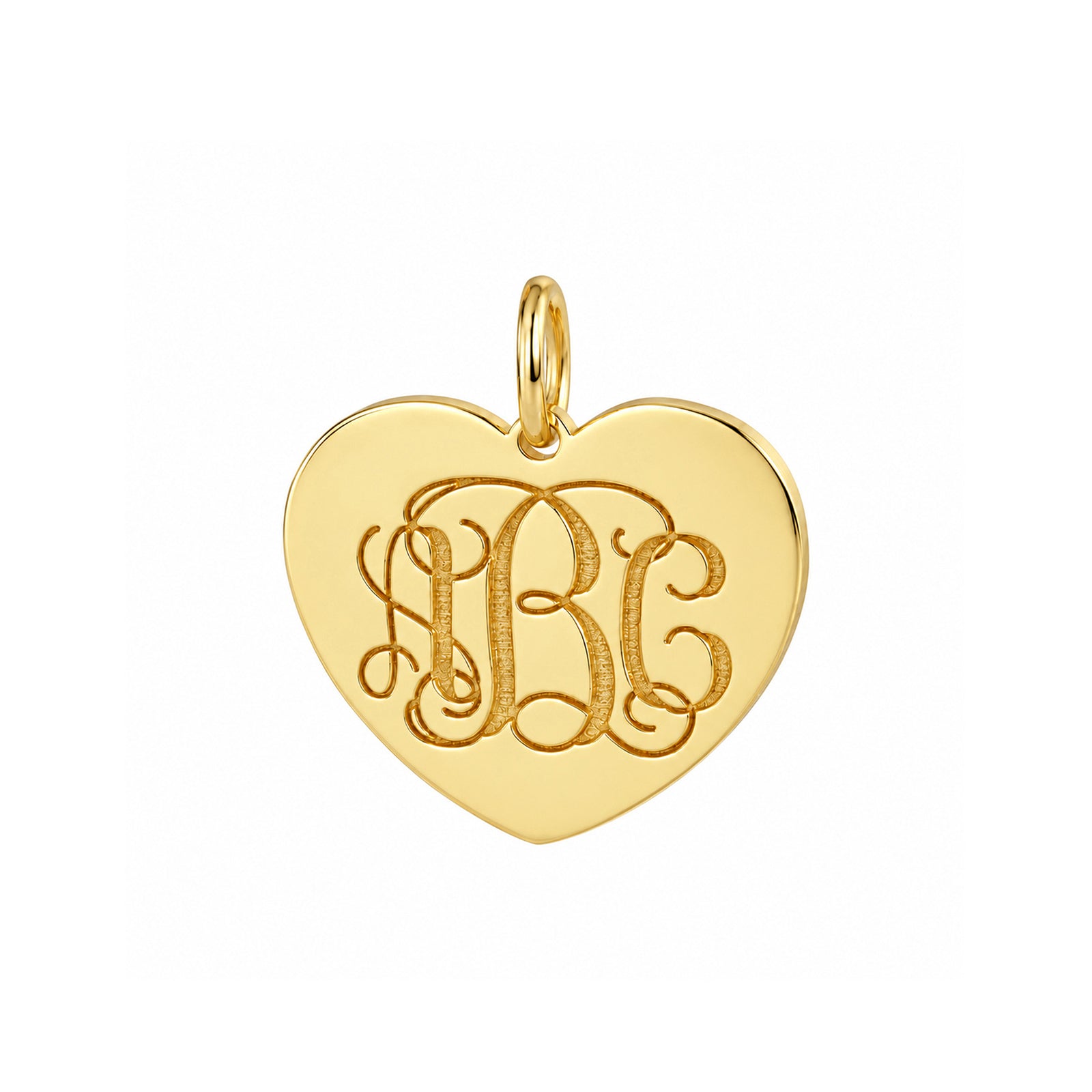Polished yellow gold heart pendant with an ornate three-initial monogram, shown without a chain.