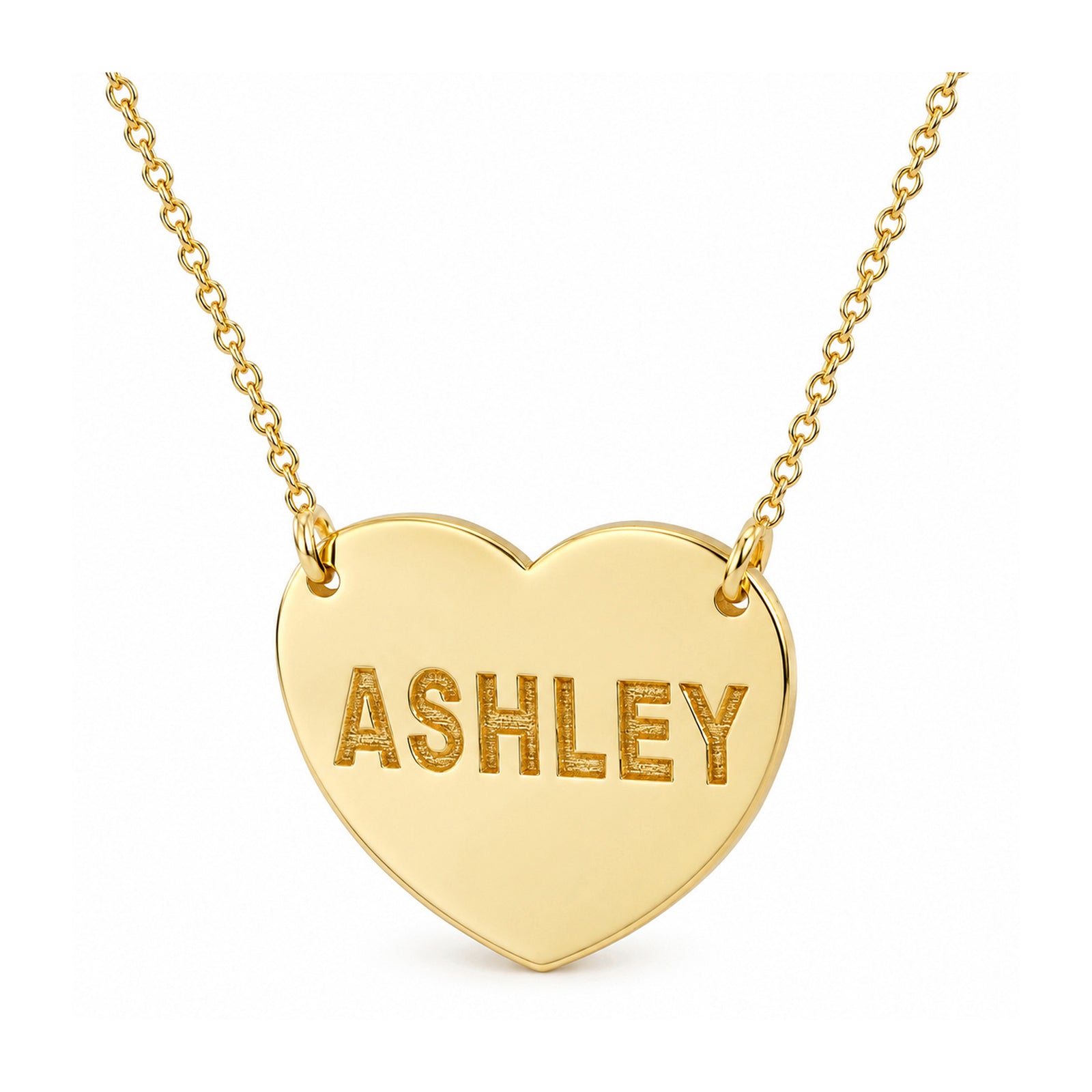 Yellow gold heart disc engraved ASHLEY, with a gold chain attached to each side of the heart.