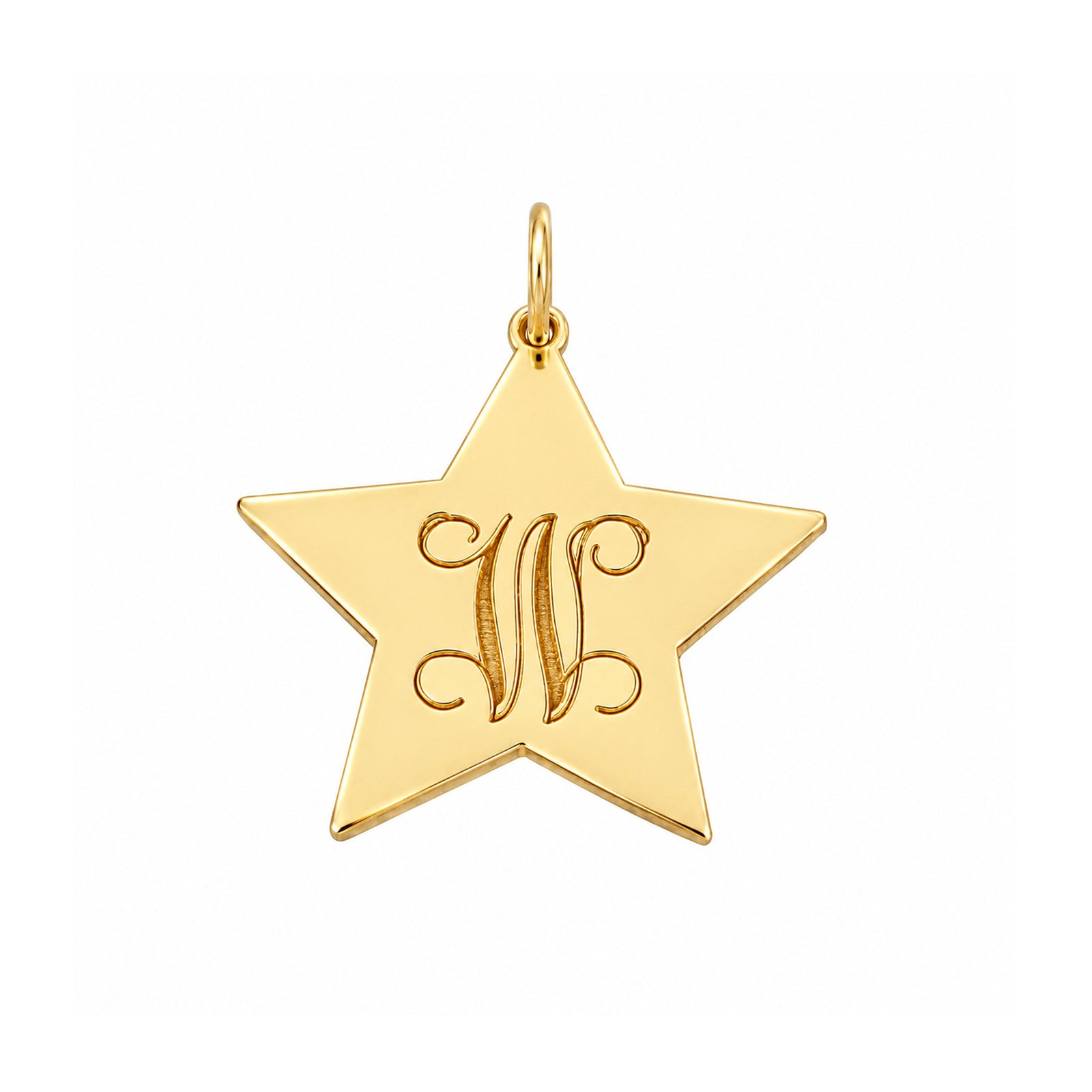 Polished yellow gold star pendant with an engraved script initial, shown without a chain