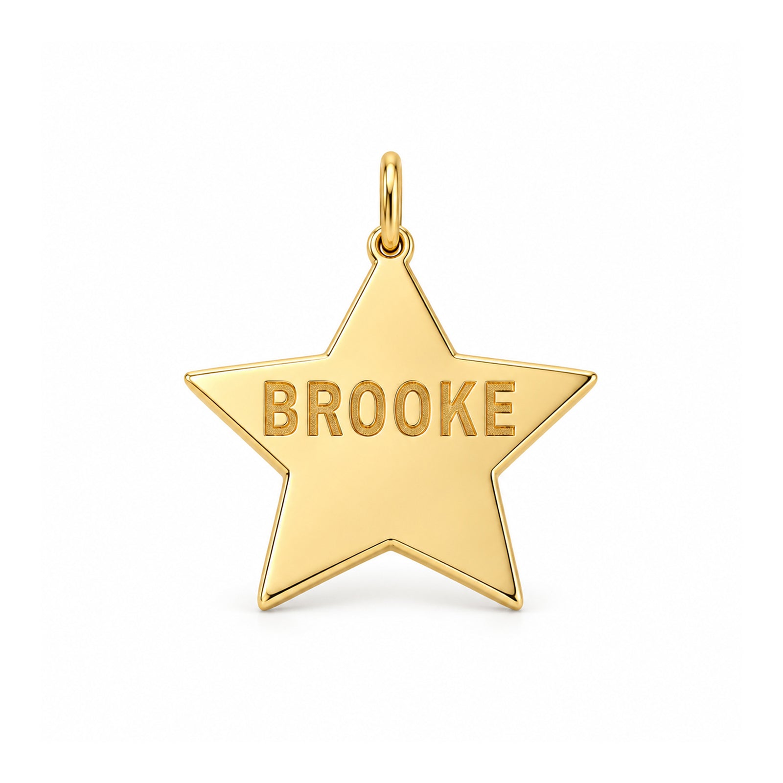 Yellow gold star pendant engraved with BROOKE, with a polished finish and bail, on a white background