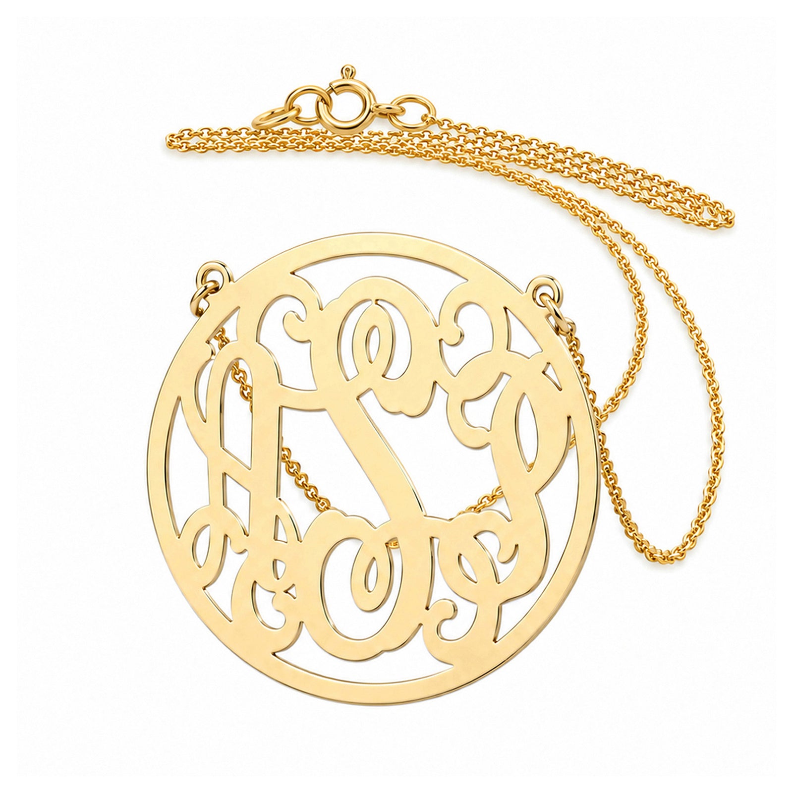 Personalized solid gold 3-initial circle monogram necklace on a gold chain.