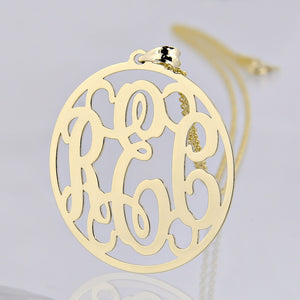 Custom 14k gold circle monogram pendant charm with personalized 3 initial cutout design