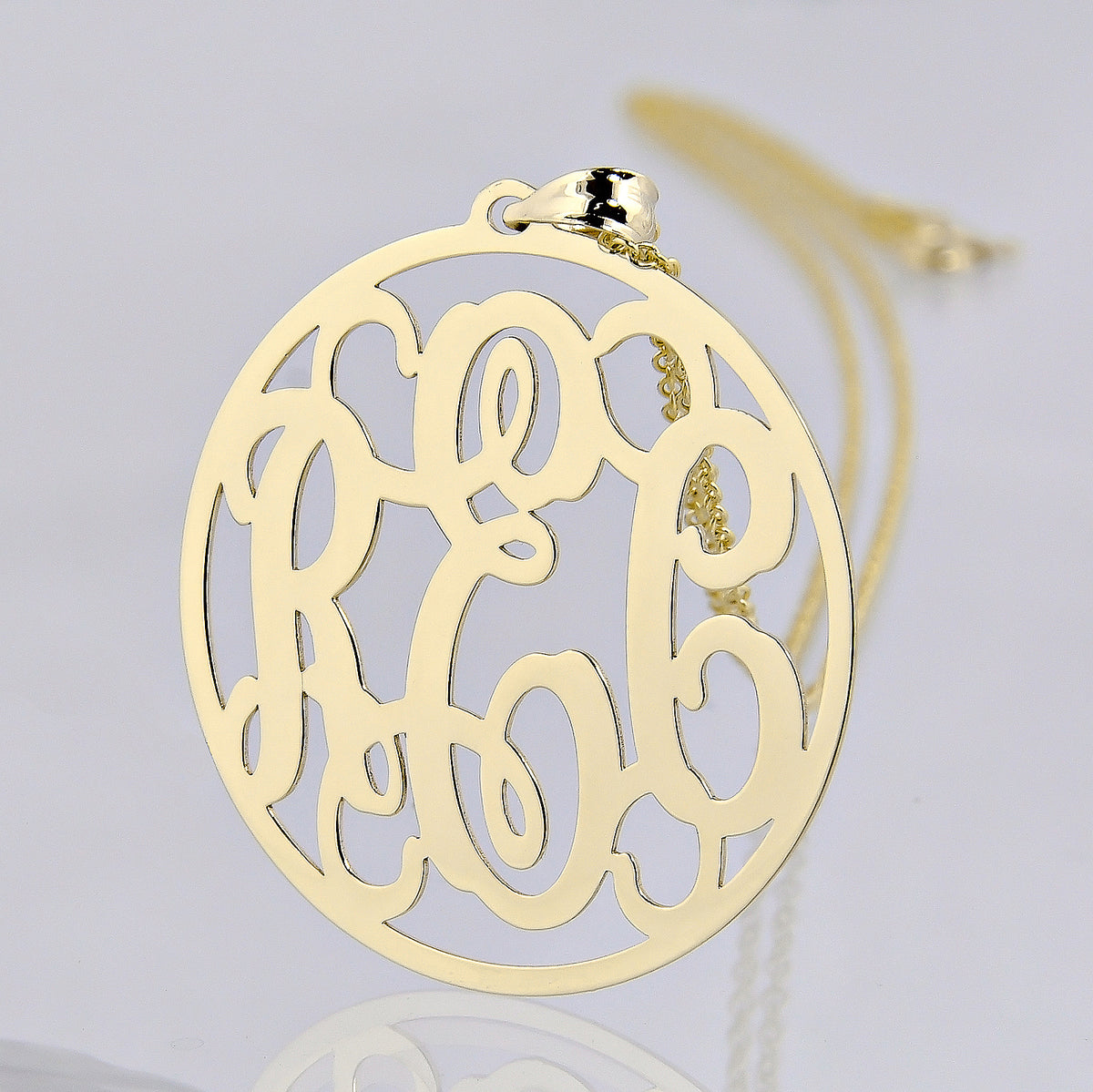 Custom 14k gold circle monogram pendant charm with personalized 3 initial cutout design