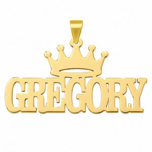 Personalized yellow gold Gregory nameplate pendant with block letters and crown design on a white background