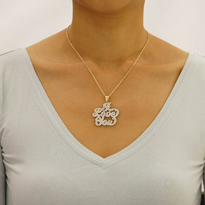 Handcrafted solid gold two-tone I Love You pendant necklace displayed on a model