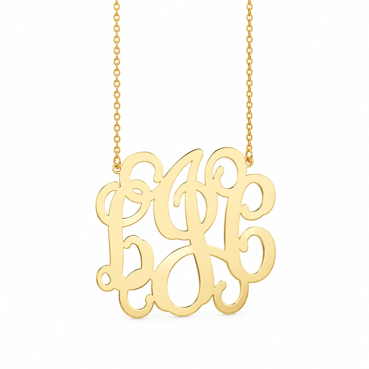 Front view of solid gold custom initial monogram necklace